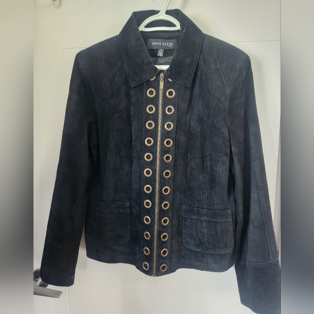 Anne Klein Black and Gold Bomber Jacket with Striking Grommet Accents
